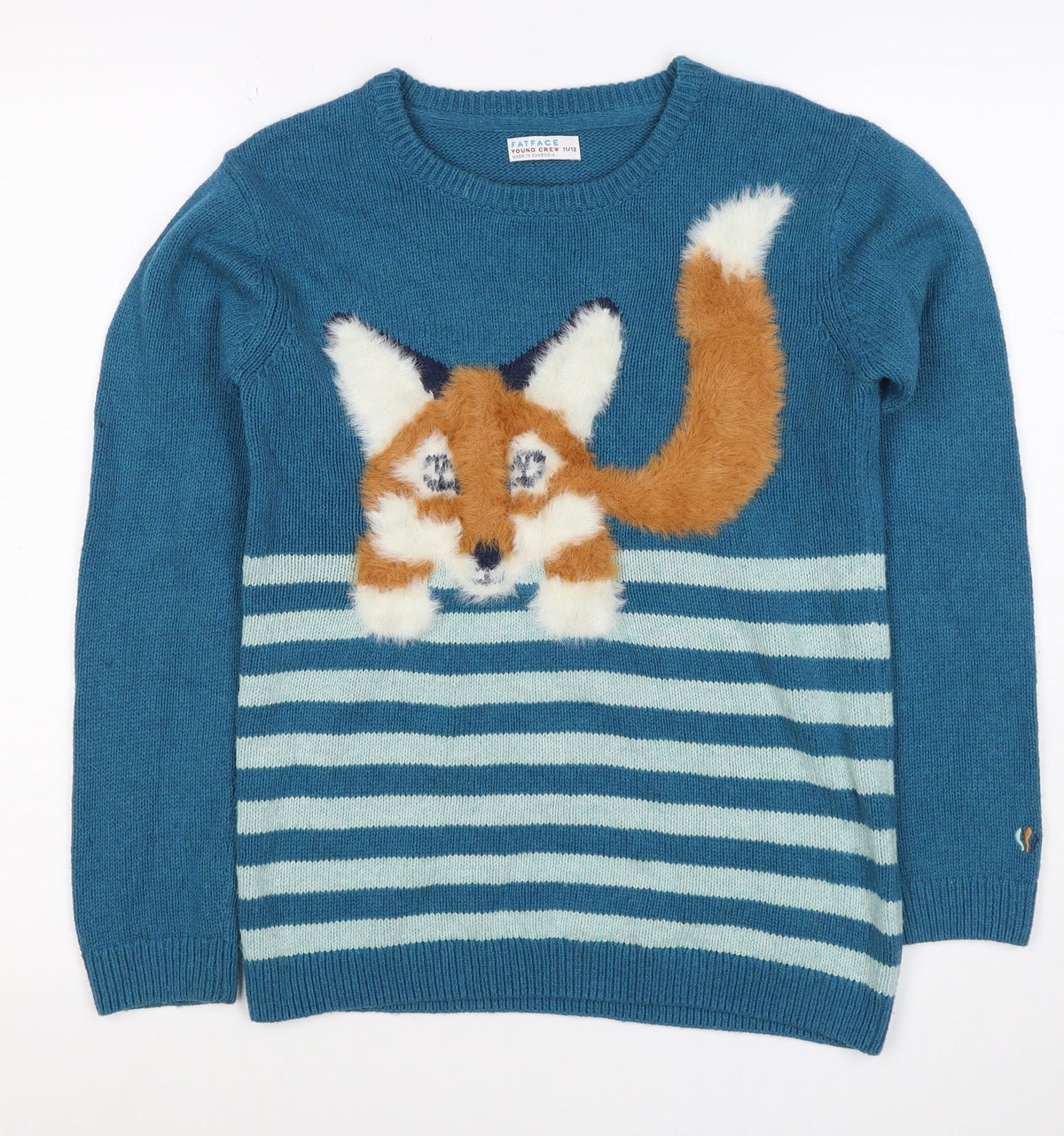 FatFace Boys Blue Fox Striped Knit Jumper 11-12 Years