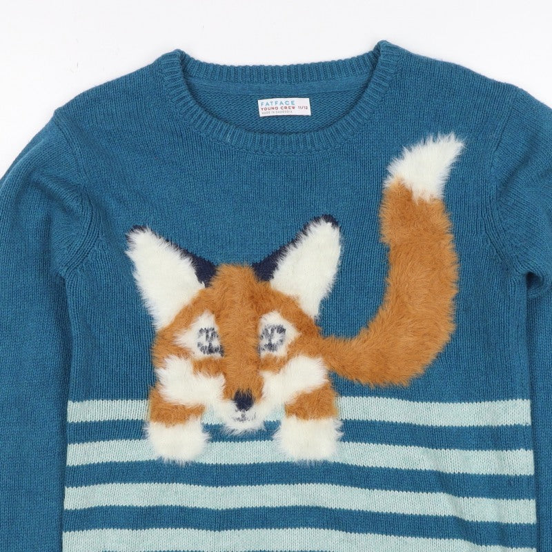 FatFace Boys Blue Fox Striped Knit Jumper 11-12 Years