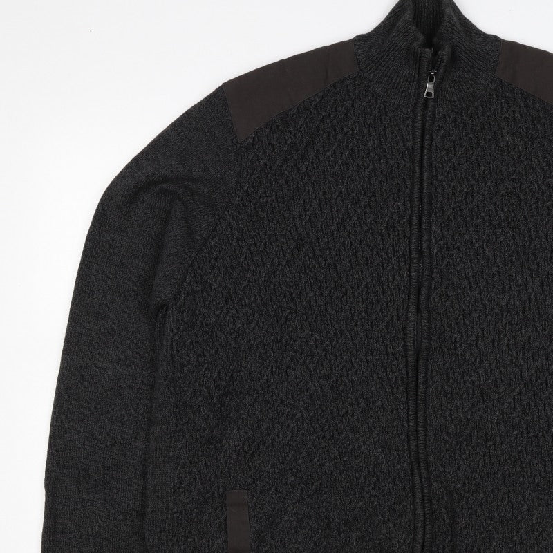 M&S Men’s Black 2XL Full Zip Cable Knit Cotton Jumper High Neck