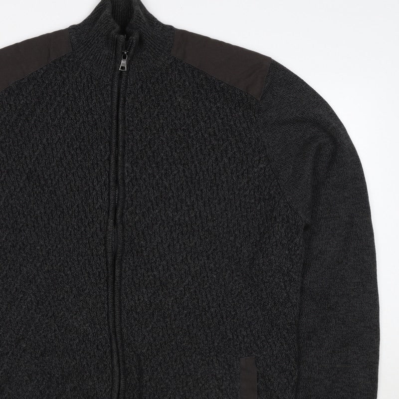M&S Men’s Black 2XL Full Zip Cable Knit Cotton Jumper High Neck