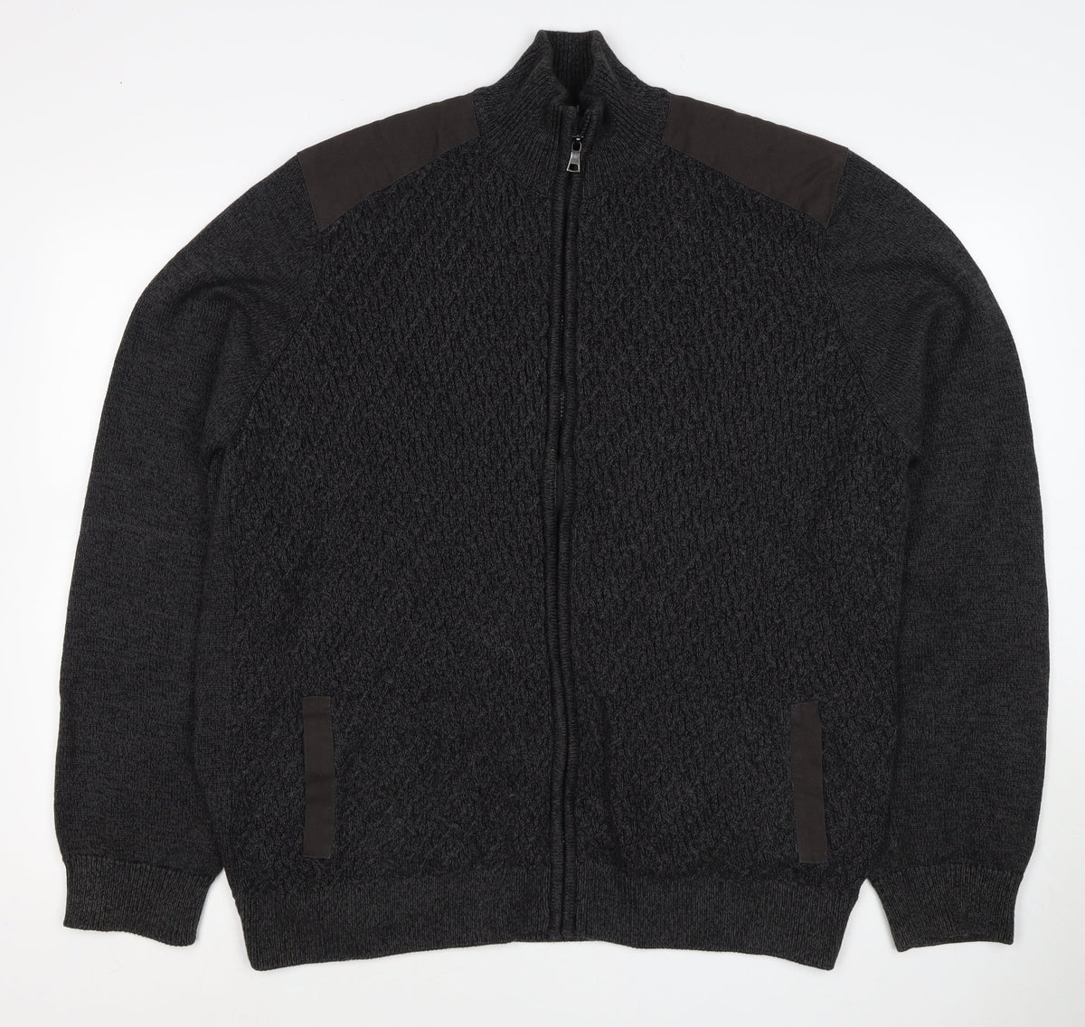 M&S Men’s Black 2XL Full Zip Cable Knit Cotton Jumper High Neck