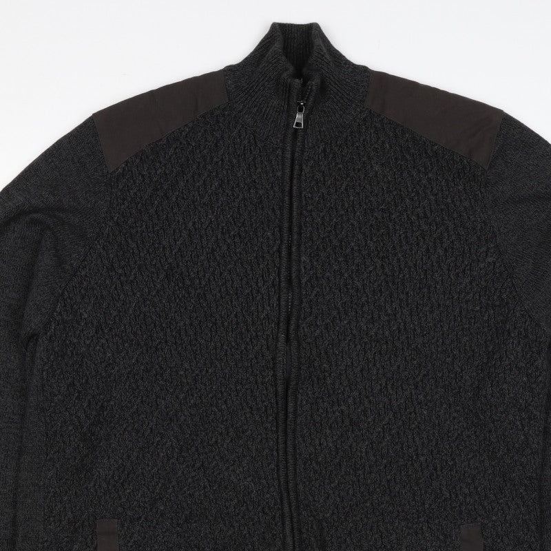 M&S Men’s Black 2XL Full Zip Cable Knit Cotton Jumper High Neck