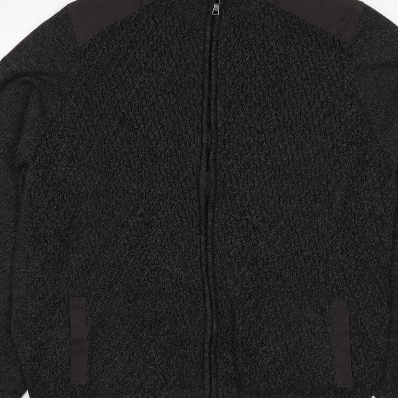 M&S Men’s Black 2XL Full Zip Cable Knit Cotton Jumper High Neck