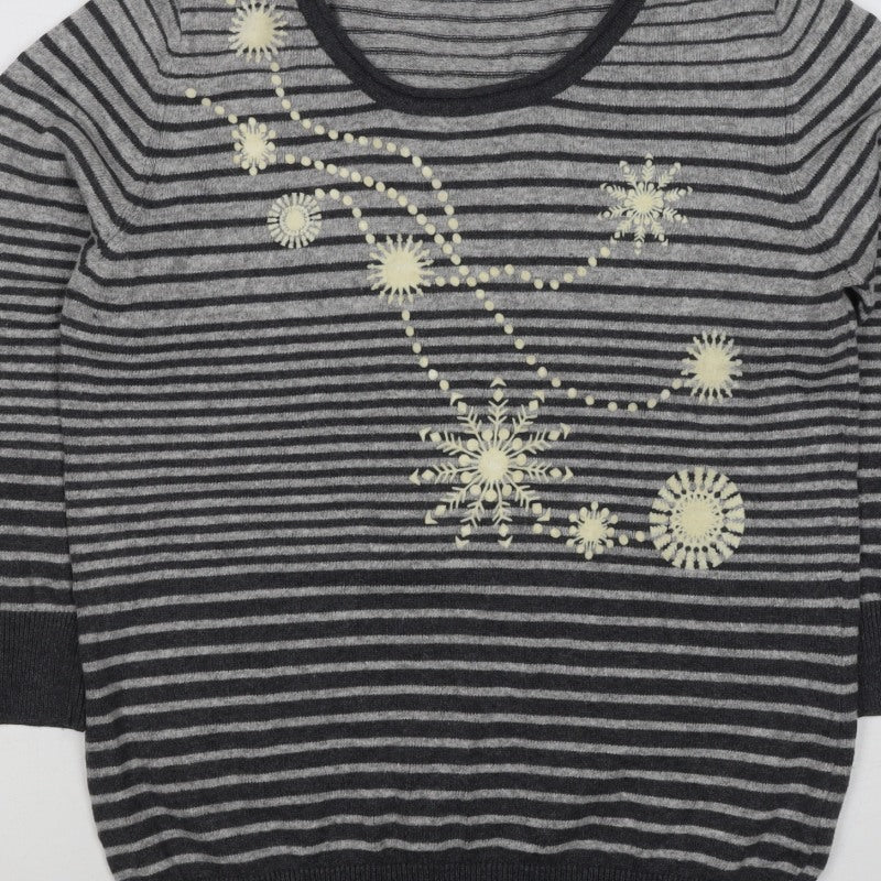 Per Una Women Grey Stripe Snowflake Jumper Size 10 Knit Christmas