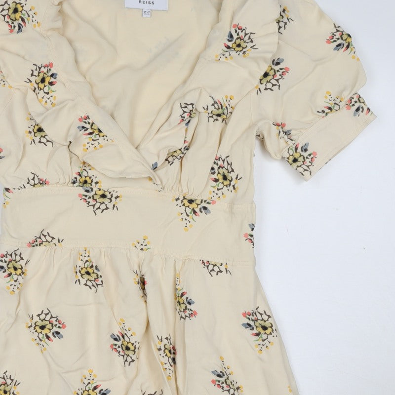 Reiss Women Ivory Floral UK 8 Fit & Flare Knee Length V-Neck Dress