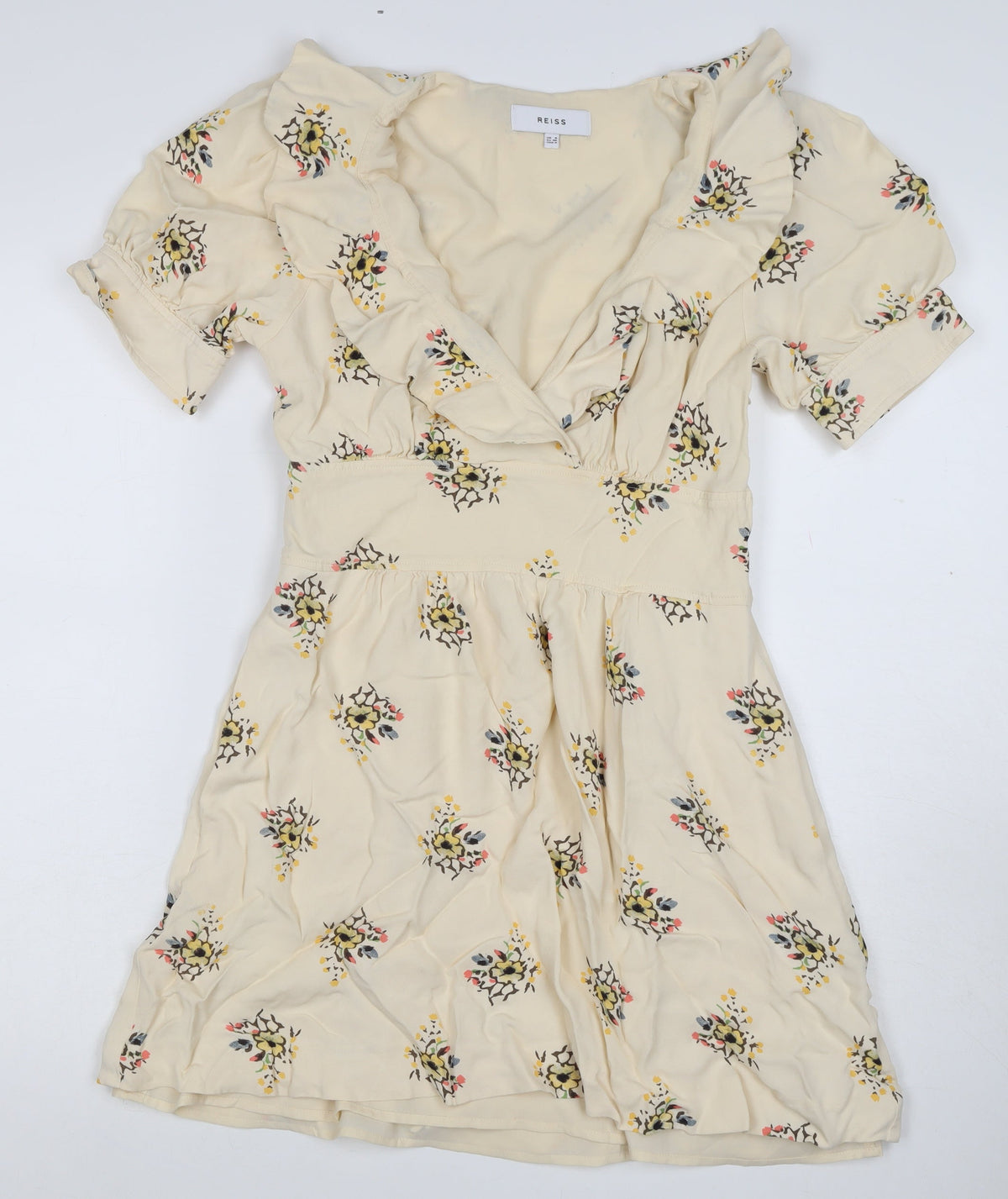 Reiss Women Ivory Floral UK 8 Fit & Flare Knee Length V-Neck Dress