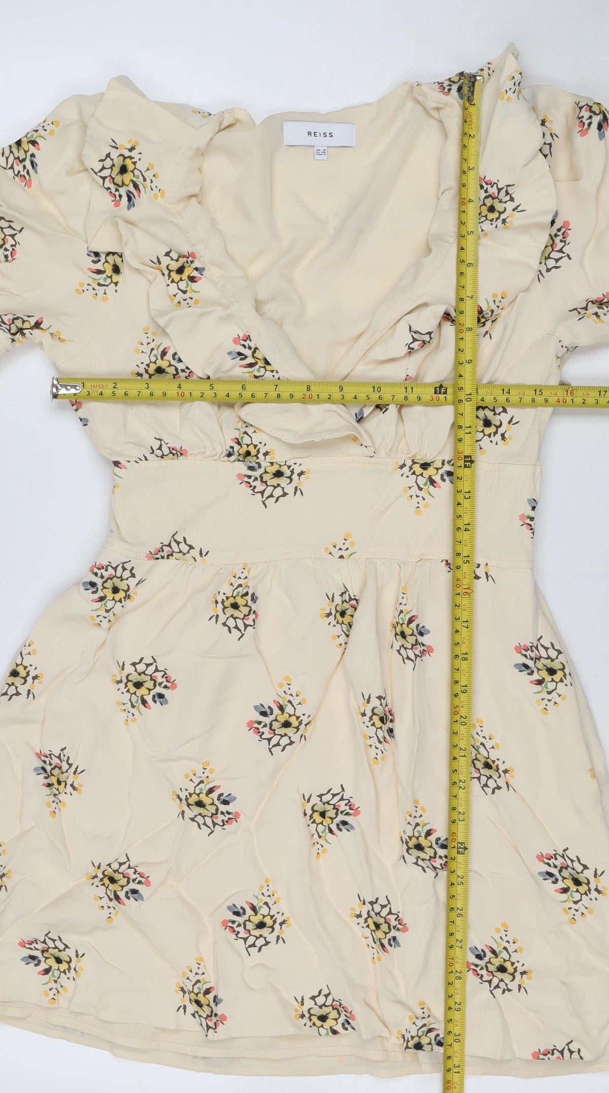 Reiss Women Ivory Floral UK 8 Fit & Flare Knee Length V-Neck Dress
