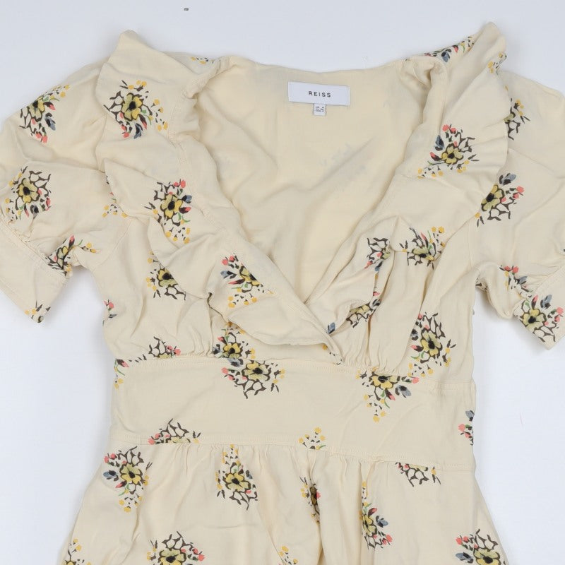 Reiss Women Ivory Floral UK 8 Fit & Flare Knee Length V-Neck Dress