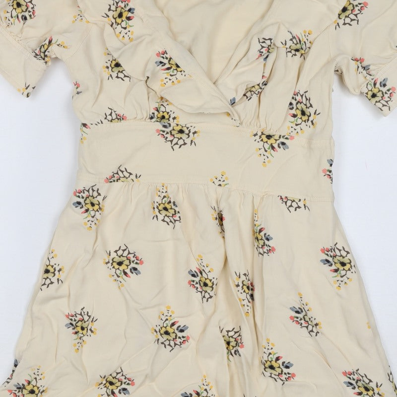 Reiss Women Ivory Floral UK 8 Fit & Flare Knee Length V-Neck Dress