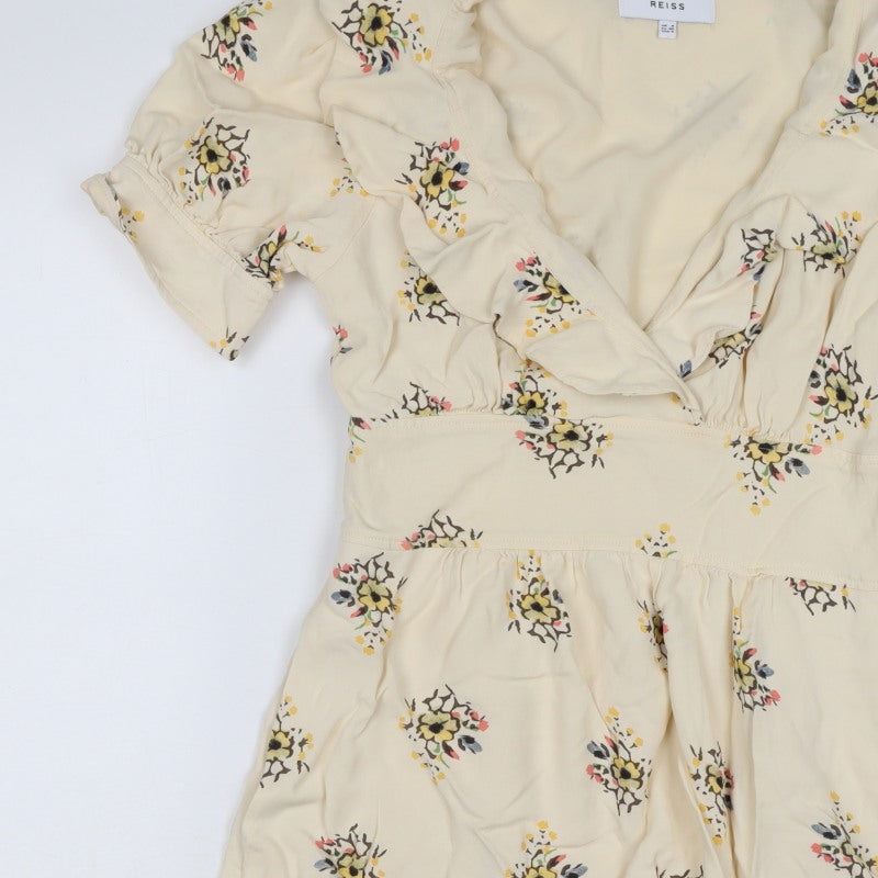 Reiss Women Ivory Floral UK 8 Fit & Flare Knee Length V-Neck Dress