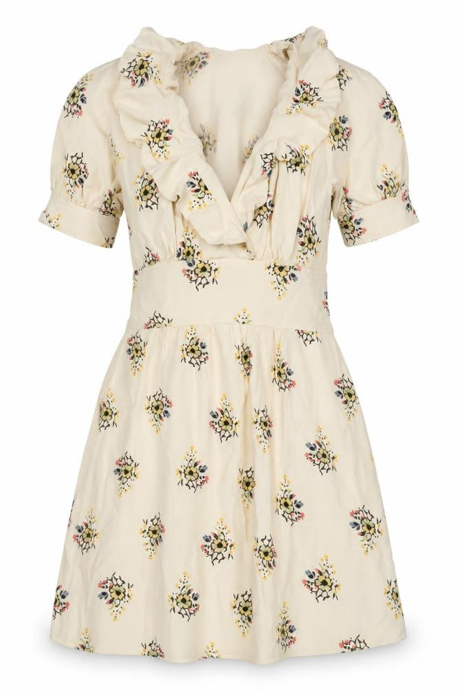Reiss Women Ivory Floral UK 8 Fit & Flare Knee Length V-Neck Dress
