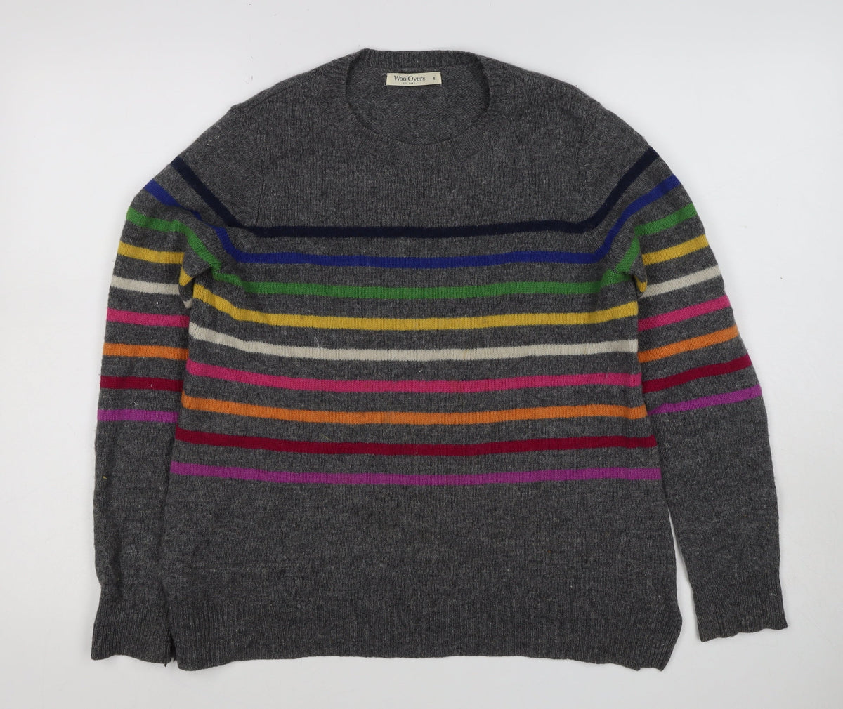WoolOvers Women’s Grey S Lambswool Striped Round Neck Jumper
