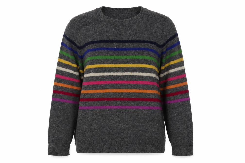 WoolOvers Women’s Grey S Lambswool Striped Round Neck Jumper