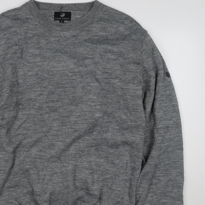 Palm Grove Men Grey M Wool Blend Crew Neck Logo Knit Pullover Jumper