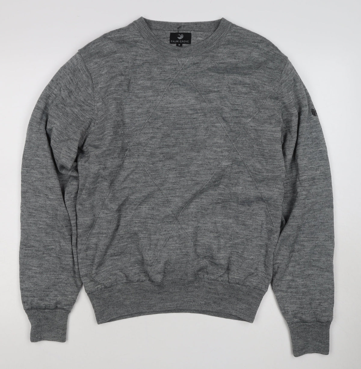 Palm Grove Men Grey M Wool Blend Crew Neck Logo Knit Pullover Jumper