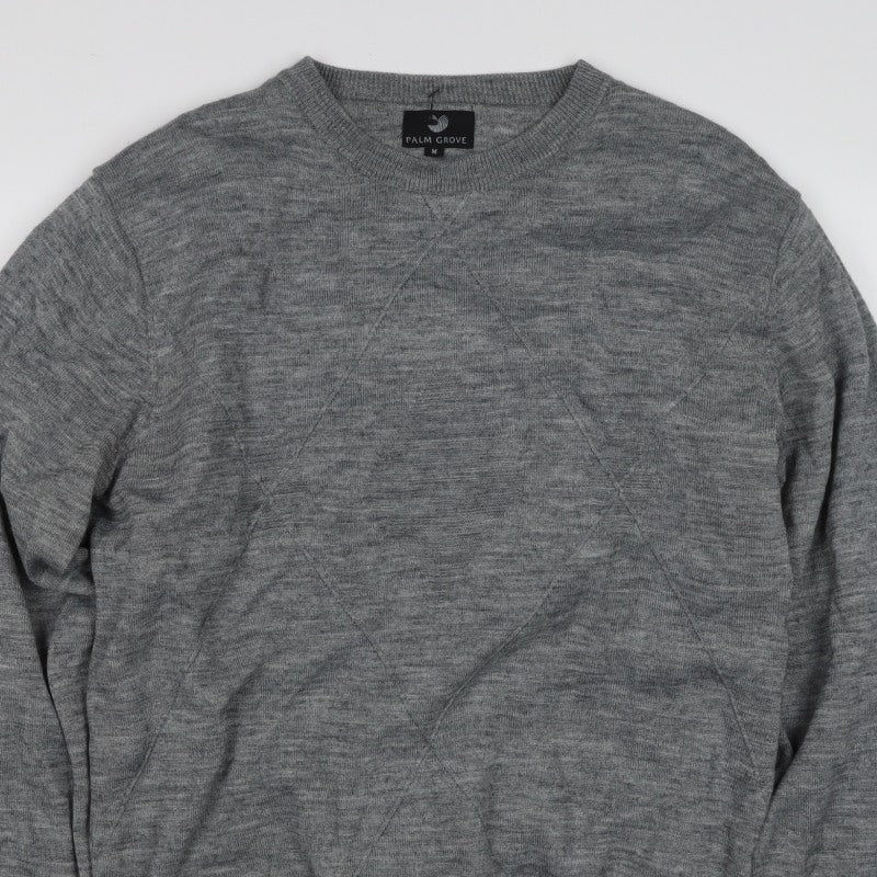 Palm Grove Men Grey M Wool Blend Crew Neck Logo Knit Pullover Jumper