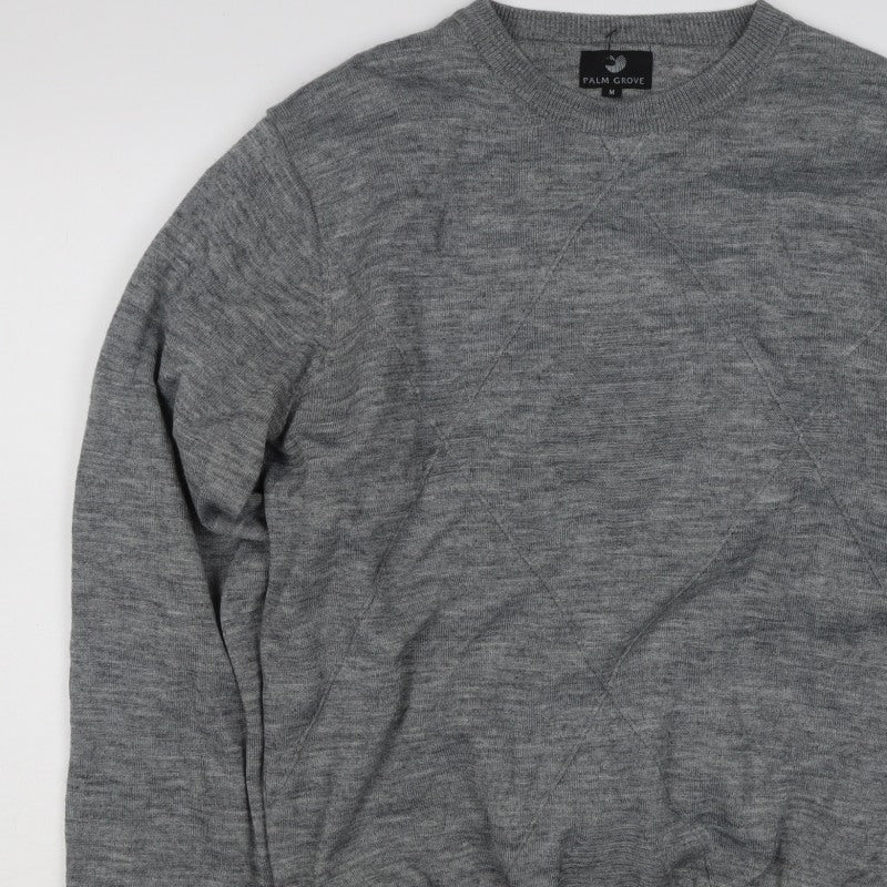 Palm Grove Men Grey M Wool Blend Crew Neck Logo Knit Pullover Jumper