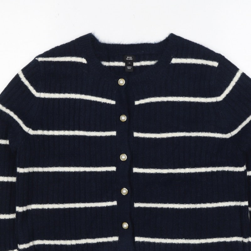 River Island Women’s Blue Stripe Button Cardigan M Long Sleeve Knit