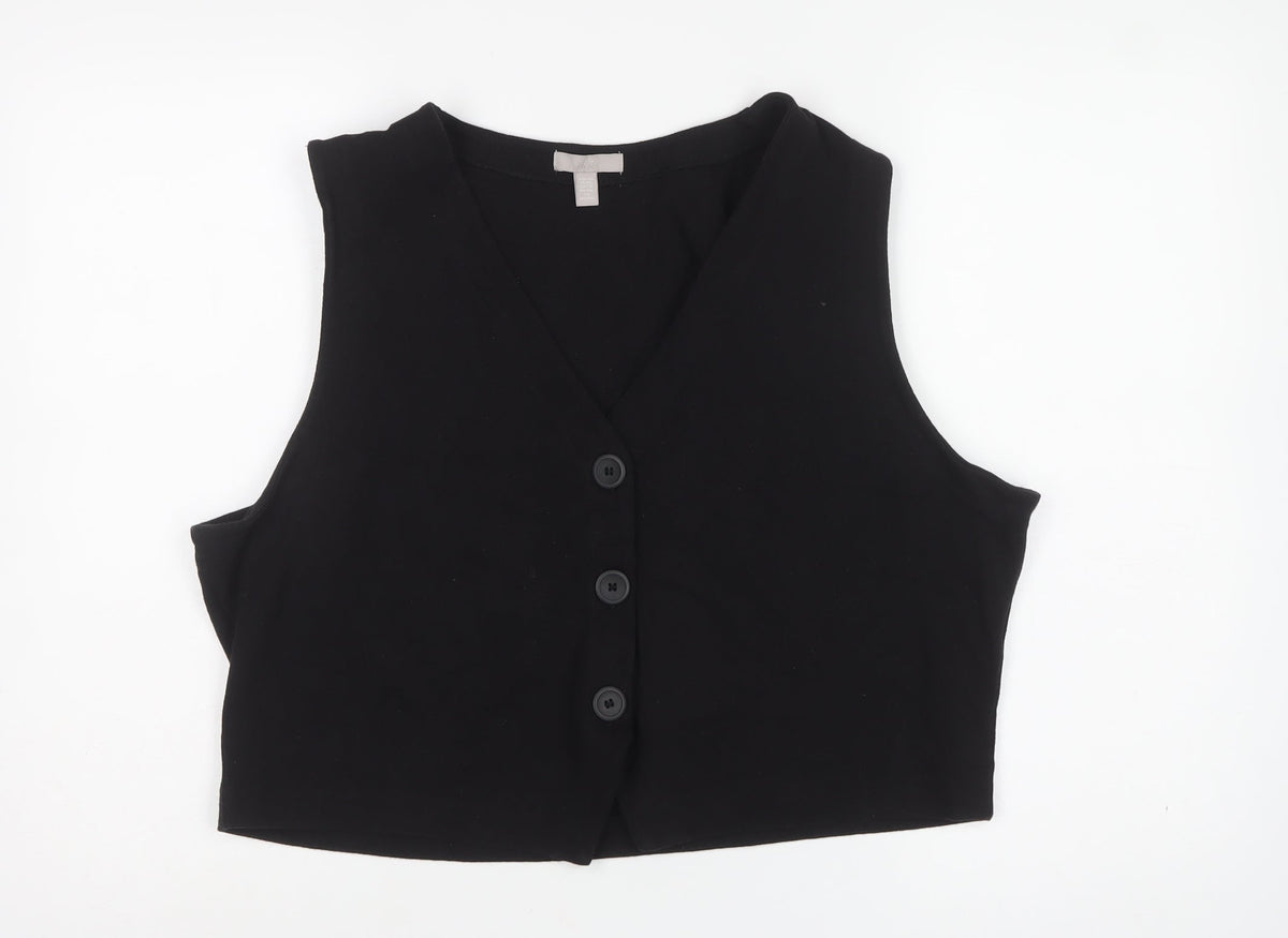 H&M Women Black 2XL Cropped V-Neck Button Front Tank Top