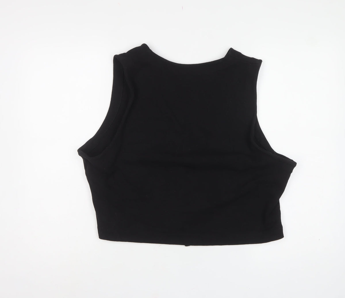 H&M Women Black 2XL Cropped V-Neck Button Front Tank Top