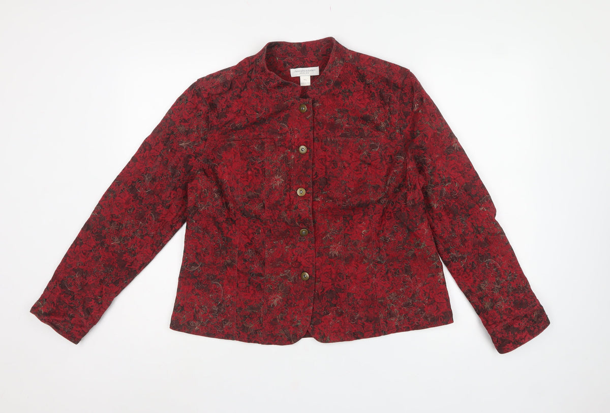 Christopher & Banks Women Red Floral Jacket Petite L Button