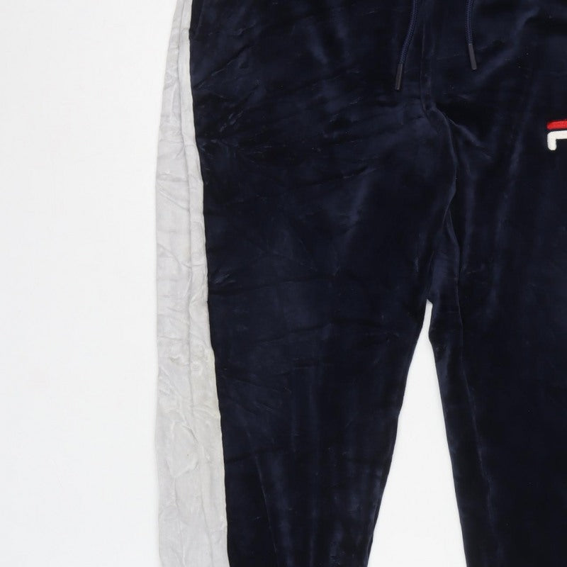 FILA Men’s Blue Velour Joggers L Logo Side Stripe Drawstring