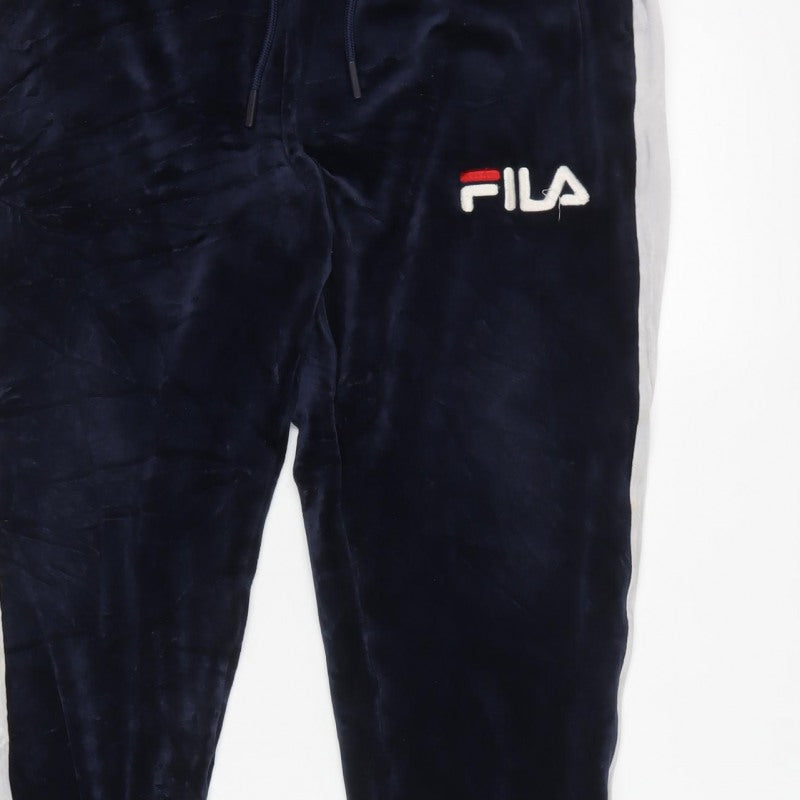 FILA Men’s Blue Velour Joggers L Logo Side Stripe Drawstring