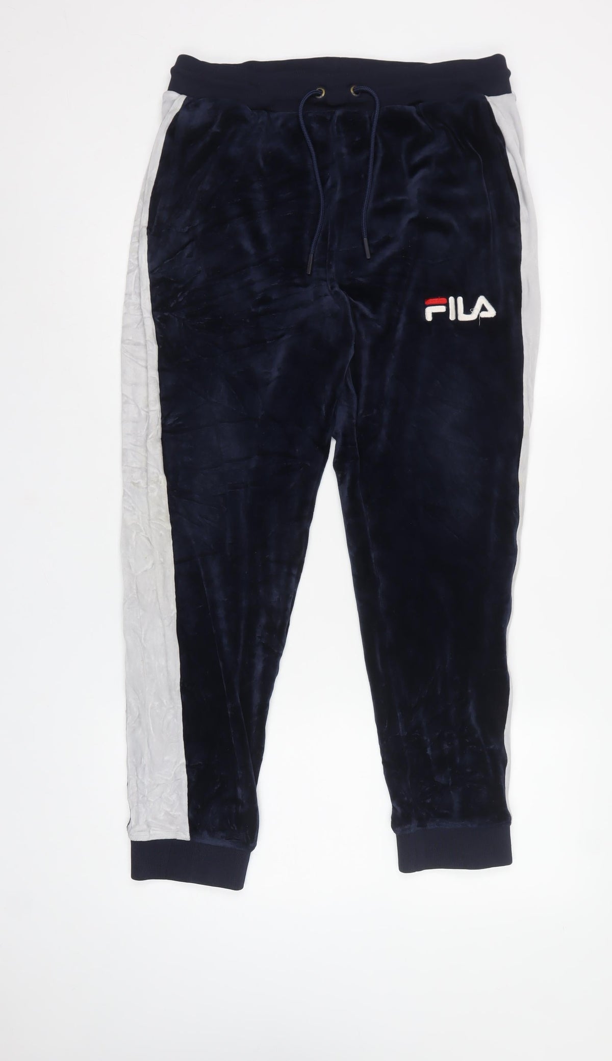 FILA Men’s Blue Velour Joggers L Logo Side Stripe Drawstring