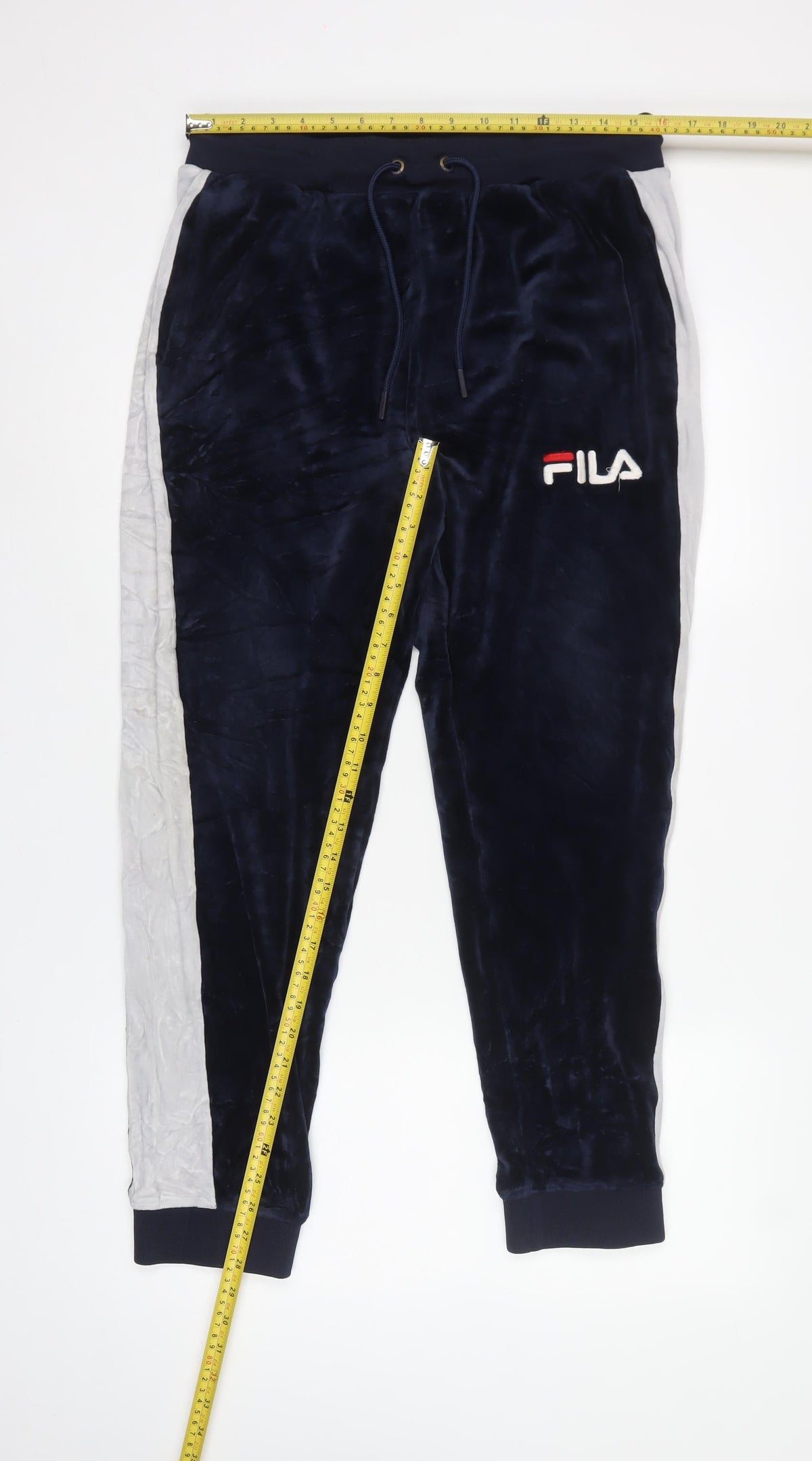 FILA Men’s Blue Velour Joggers L Logo Side Stripe Drawstring