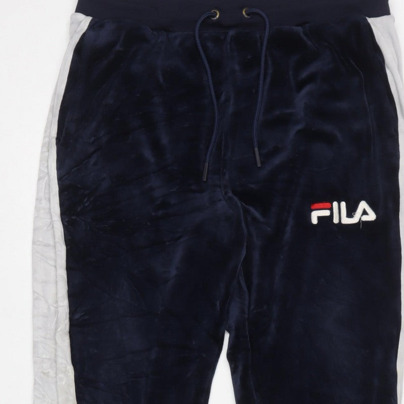 FILA Men’s Blue Velour Joggers L Logo Side Stripe Drawstring