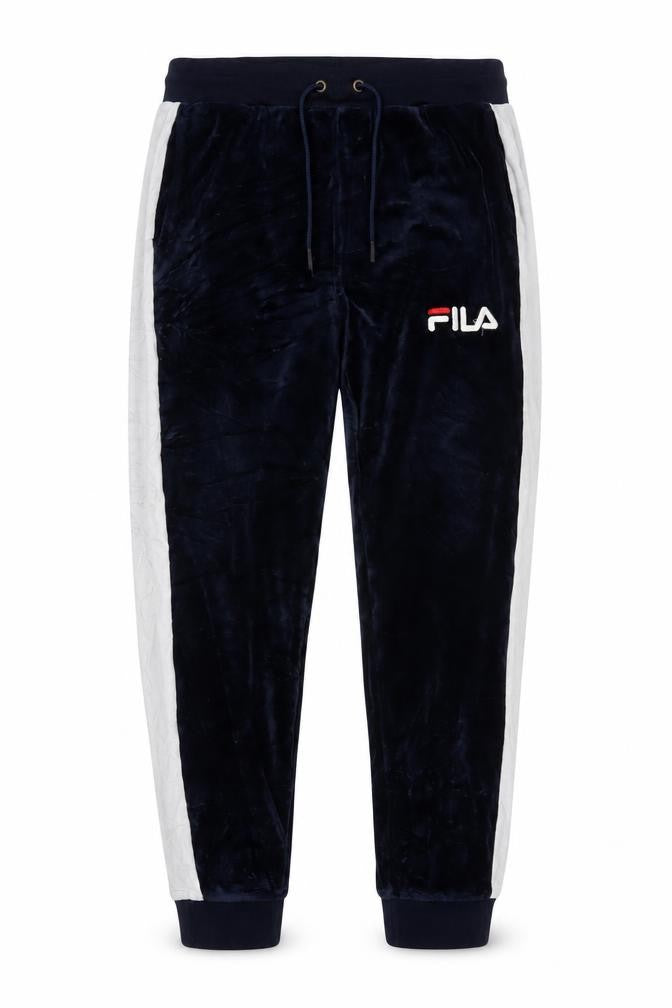 FILA Men’s Blue Velour Joggers L Logo Side Stripe Drawstring
