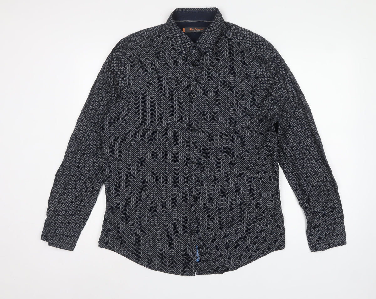 Ben Sherman Men’s Navy L Geometric Cotton Long Sleeve Button-Up Shirt