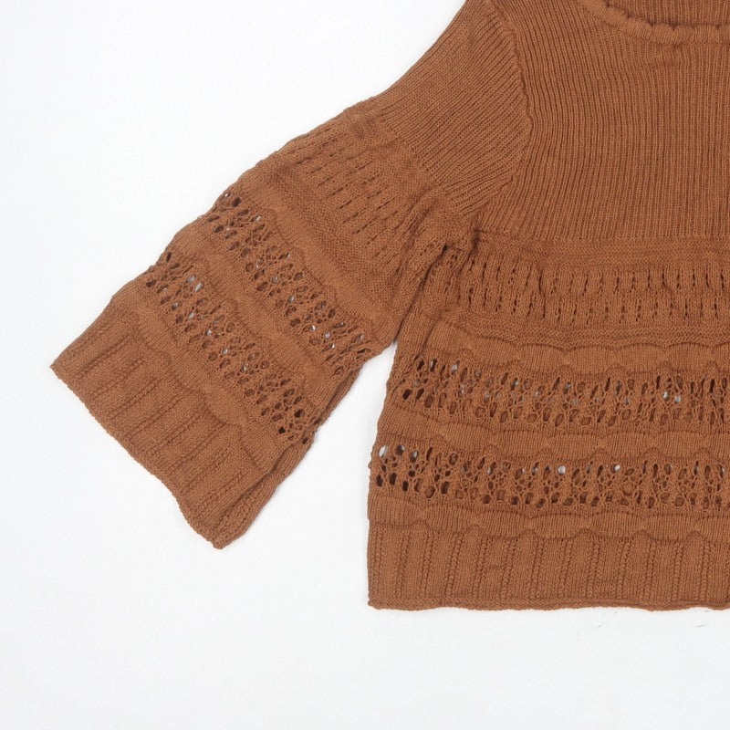 MNG Womens Brown M Open Knit Bell Sleeve Pullover Jumper