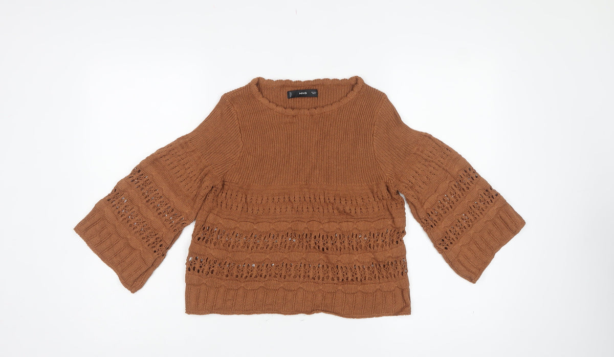 MNG Womens Brown M Open Knit Bell Sleeve Pullover Jumper