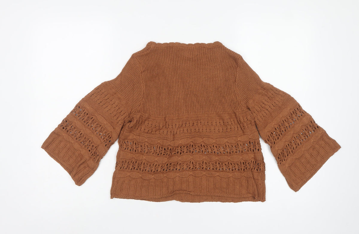 MNG Womens Brown M Open Knit Bell Sleeve Pullover Jumper