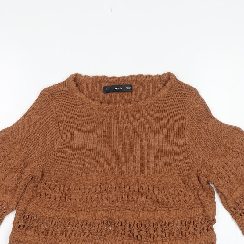 MNG Womens Brown M Open Knit Bell Sleeve Pullover Jumper