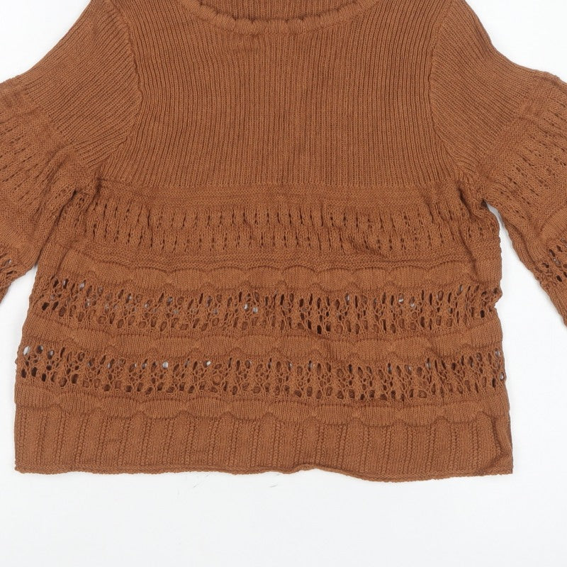 MNG Womens Brown M Open Knit Bell Sleeve Pullover Jumper