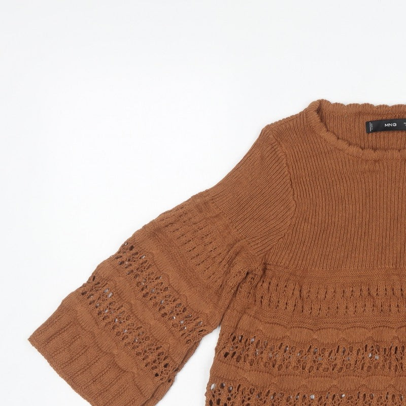 MNG Womens Brown M Open Knit Bell Sleeve Pullover Jumper