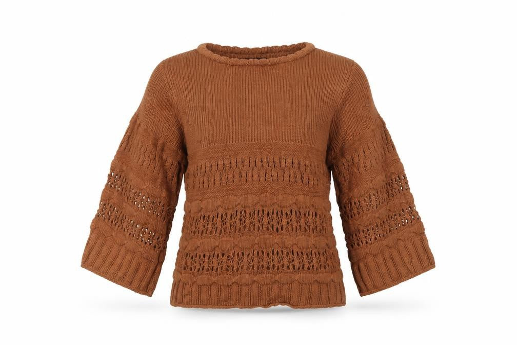 MNG Womens Brown M Open Knit Bell Sleeve Pullover Jumper