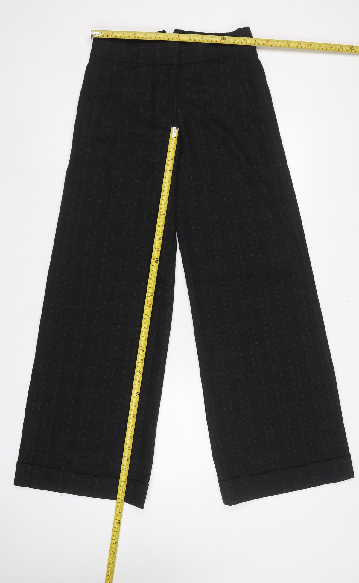 French Connection Women Black Check Wide-Leg Trousers UK 10 Lined