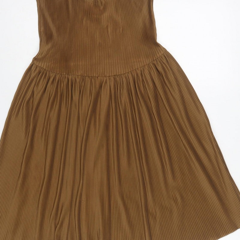 Pull&Bear Women’s Brown S Pleated A-Line Long Sleeveless Dress