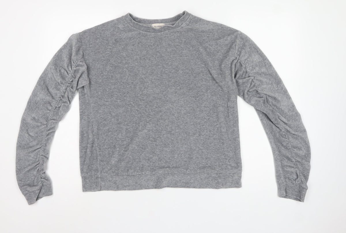 Pull&Bear Women’s Grey M Ruffle Sleeve Crew Neck Pullover Sweatshirt