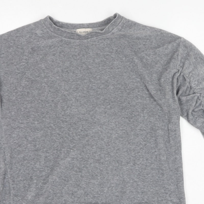 Pull&Bear Women’s Grey M Ruffle Sleeve Crew Neck Pullover Sweatshirt