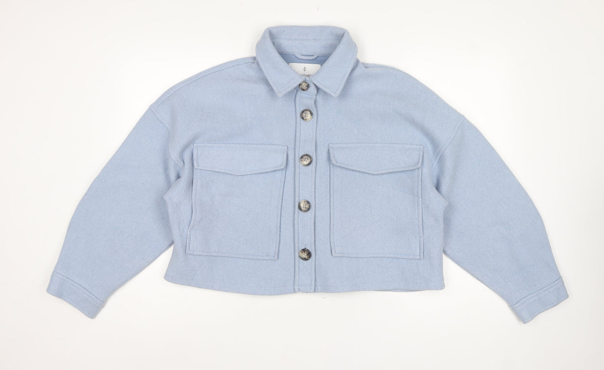 Stradivarius Women Blue L Cropped Basic Button Pocket Jacket