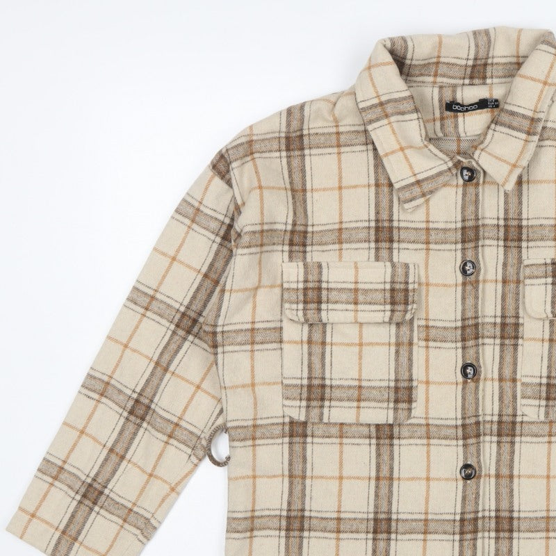 Boohoo Women’s Beige Brown Plaid Shacket Jacket UK 8 Collared