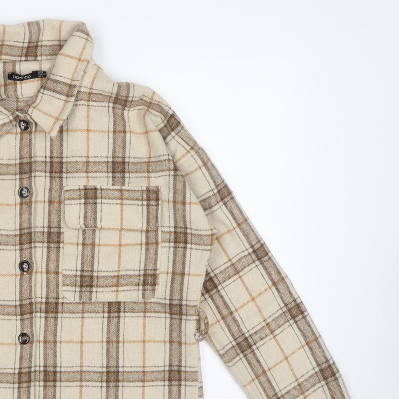 Boohoo Women’s Beige Brown Plaid Shacket Jacket UK 8 Collared