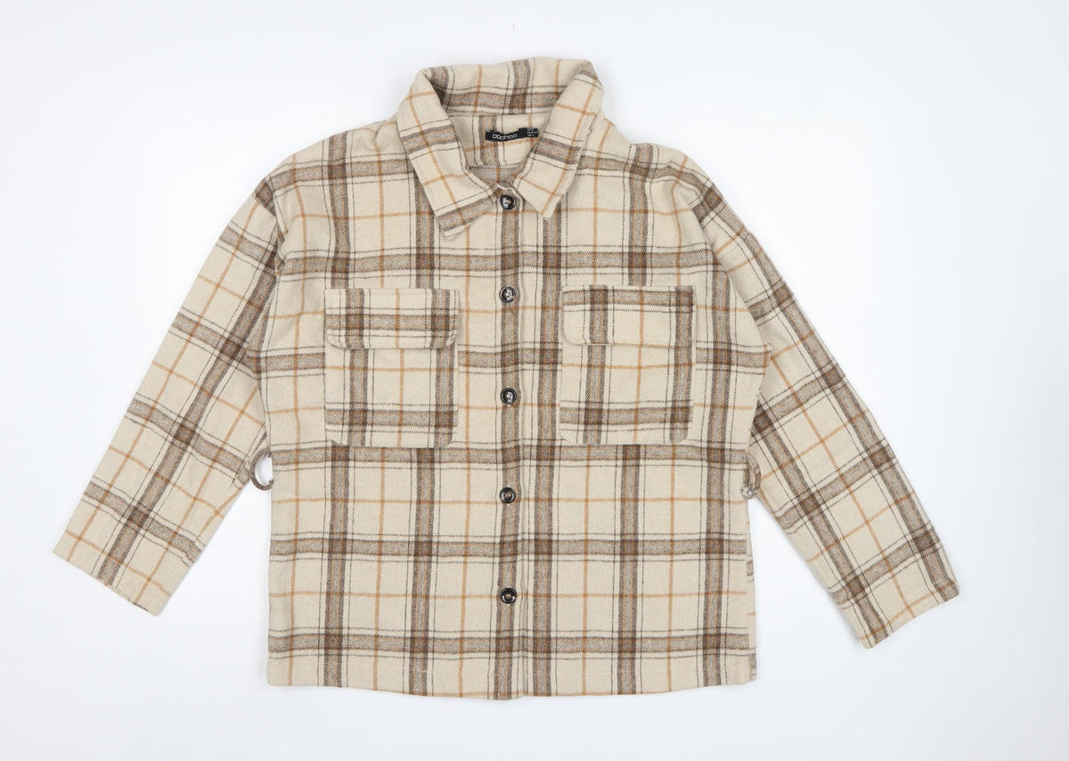 Boohoo Women’s Beige Brown Plaid Shacket Jacket UK 8 Collared