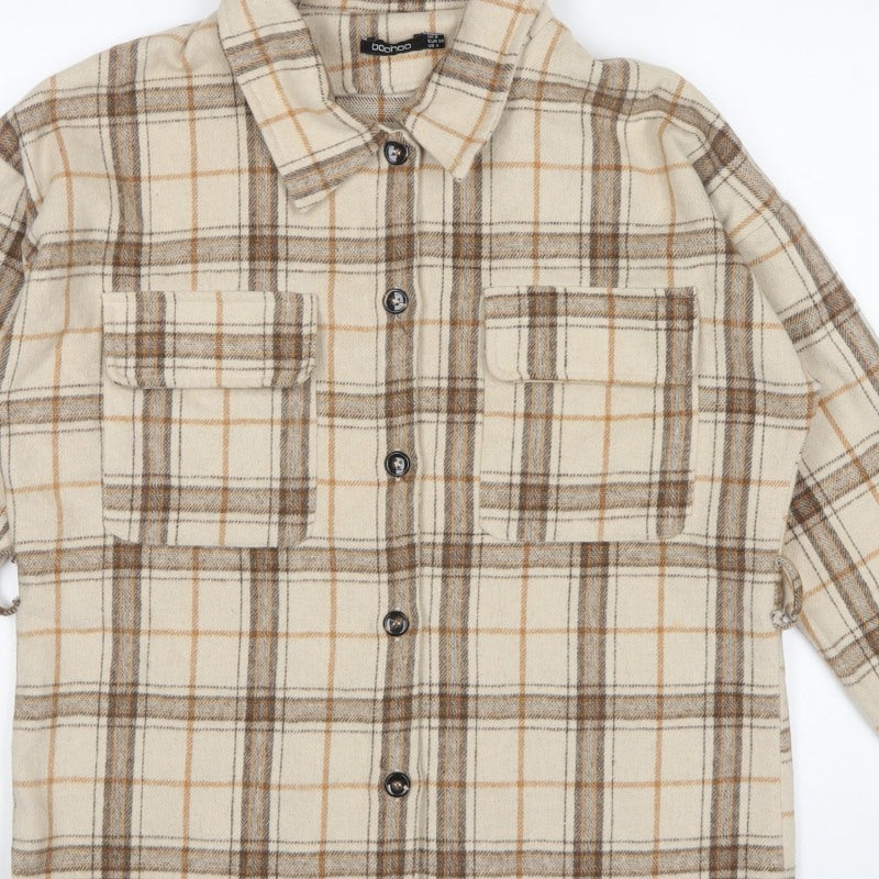 Boohoo Women’s Beige Brown Plaid Shacket Jacket UK 8 Collared