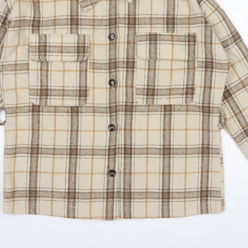 Boohoo Women’s Beige Brown Plaid Shacket Jacket UK 8 Collared
