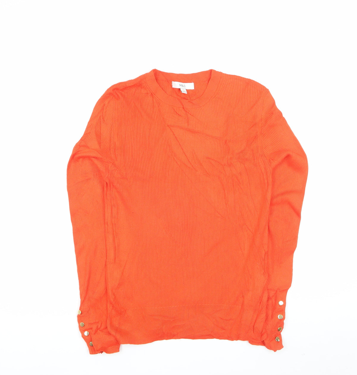 Marks and Spencer Women Orange Size 12 Rib Knit Crew Neck Jumper Button Cuffs